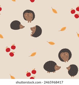 Cute Hedgehog Seamless Pattern, Cartoon animal background vector Illustration.