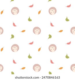 Cute Hedgehog Seamless Pattern, Cartoon animal background vector Illustration.