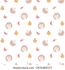 Cute Hedgehog Seamless Pattern, Cartoon animal background vector Illustration.