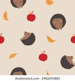 Cute Hedgehog Seamless Pattern, Cartoon animal background vector Illustration.