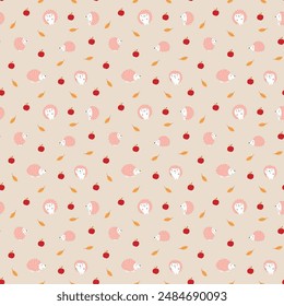Cute Hedgehog Seamless Pattern, Cartoon animal background vector Illustration.