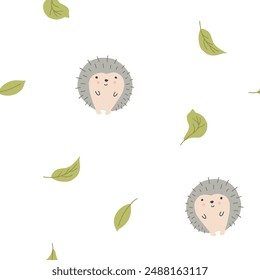 Lindo erizo sin costura patrón, Ilustración vectorial de fondo animal de dibujos animados.