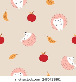 Cute Hedgehog Seamless Pattern, Cartoon animal background vector Illustration.