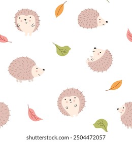 Cute Hedgehog Seamless Pattern, Cartoon animal background vector Illustration.