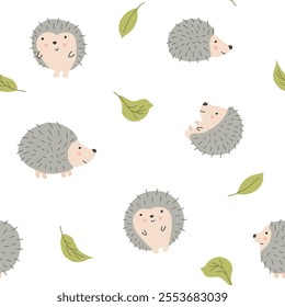 Cute Hedgehog Seamless Pattern, Cartoon animal background vector Illustration.