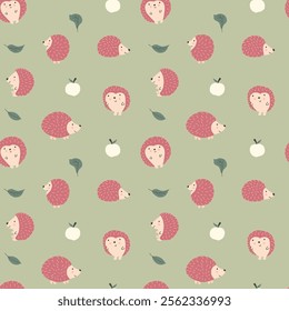 Cute Hedgehog Seamless Pattern, Cartoon animal background vector Illustration.