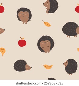 Cute Hedgehog Seamless Pattern, Cartoon animal background vector Illustration.