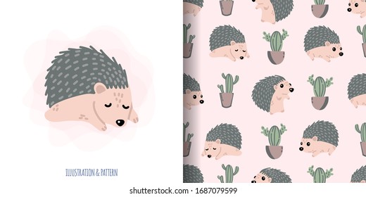 cute hedgehog seamless pattern with doodle illustration card editable template