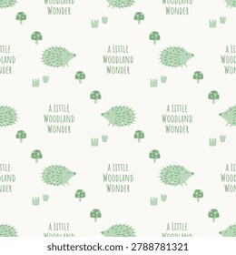 Cute hedgehog seamless pattern with typography a little woodland wonder hand drawn vector background

