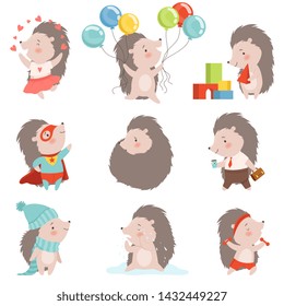 Cute Hedgehog Set, Adorable Prickly Animal Cartoon Character in Different Situations Vector Illustration