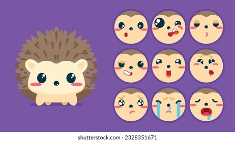 Cute Hedgehog, Reihe von Tieremotionen, winziger Hedgehog mit Emoji-Kollokation, Schlafen, Weinen, traurig, gelangweilt, glücklich, aufgeregt, liebenswert, überrascht, unvorsichtig, selbstbewusst, erschreckt, betäubt, flatter Vektorgrafik