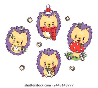 Cute hedgehog set. Funny cartoon animal on mushroom, with autumn leaves, flowers and in winter hat and scarf. Vector isolated kawaii characters. Kids collection.