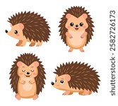 Cute Hedgehog Set in Various Poses Prickly Cartoon Character