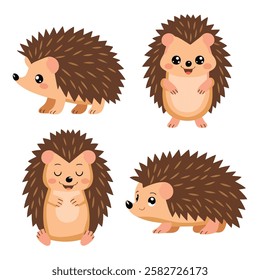 Cute Hedgehog Set in Various Poses Prickly Cartoon Character