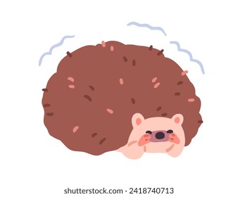 Cute hedgehog shivering from fear. Funny scared frightened forest animal curled up in spiky ball. Kawaii adorable character hiding face. Kids flat vector illustration isolated on white background