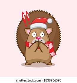 cute hedgehog with shock pose. christmas vector illustration