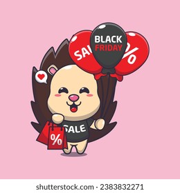 cute hedgehog with shopping bag and balloon at black friday sale cartoon vector illustration