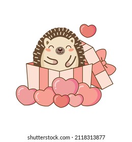 Cute Hedgehog sit in the gift box. Valentines day greeting card.