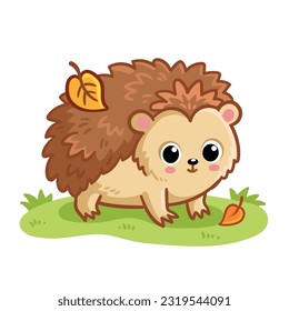 Cute hedgehog sits on a green meadow. Vector illustration with animal in cartoon style.