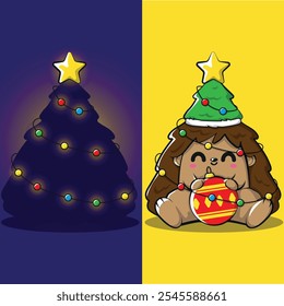 Cute hedgehog sits wrapped in garland, wearing a hat in the shape of a Christmas tree, holding a red Christmas tree ball, the hedgehog looks like a Christmas tree, the play of light and shadow, light 