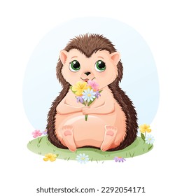 Cute Hedgehog sitting with flowers.Cartoon vector illustration. Animal nature illustration