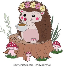 Cute hedgehog sitting on a tree stump, surrounded by mushrooms. Art and Illustration