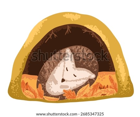 Cute hedgehog sleeping in den hole. Wild animal hollow in forest drawn in flat style