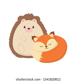 cute hedgehog and sleeping fox autumn on white background vector illustration