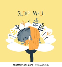 A cute hedgehog sleeps under a blanket inside a flower. Urchin in an embrace with mushrooms. Funny cartoon character on a yellow background. Poster for the children's room. Flat vector illustration.