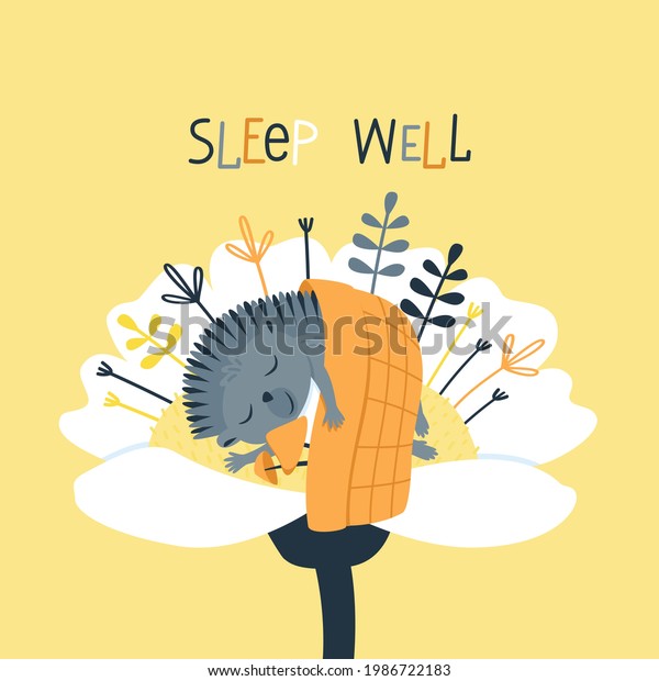A cute hedgehog sleeps under a blanket\
inside a flower. Urchin in an embrace with mushrooms. Funny cartoon\
character on a yellow background. Poster for the children\'s room.\
Flat vector illustration.