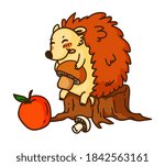 Cute hedgehog smelling flower isolated on white background