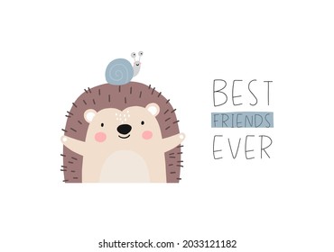 Cute Igel und Schnecke - die besten Freunde aller Zeiten. Vektorgrafik süße Tiere Freunde Charaktere
