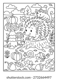 Cute Hedgehog and Squirrel Autumn Forest Adventure Coloring Page
