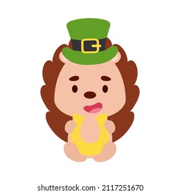 Cute hedgehog St. Patrick's Day leprechaun hat holds horseshoe. Irish holiday folklore theme. Cartoon design for cards, decor, shirt, invitation. Vector stock illustration.