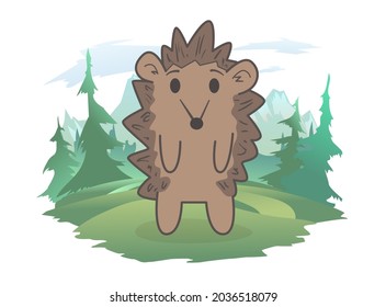 A cute hedgehog standing on a forest lawn, a mountain landscape in the background. Vector illustration, isolated on white.