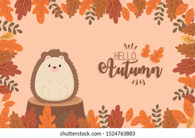 cute hedgehog standing on trunk leaves frame decoration hello autumn season
