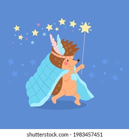 Cute hedgehog with stars and blanket.  Animal vector illustration for nursery, children. Can be used for t-shirt print, postcard, wall decoration.