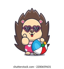 Cute hedgehog in sunglasses with beach ball cartoon illustration.