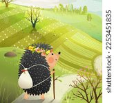 Cute hedgehog travelling in nature with backpack. Animal backpacker adventures in the wilderness scenery background. Hedgehog cartoon for kids. Hand drawn vector illustration in watercolor style.