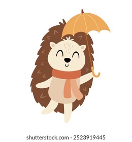 Cute hedgehog with umbrella. Cozy autumn animal character. Fall animal clipart. Hand drawn vector illustration in flat style