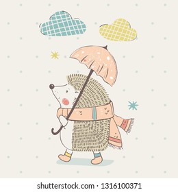 cute hedgehog with umbrella walking. hand drawn cartoon illustration.Can be used for t-shirt print, kids wear fashion design, baby shower invitation card. - Vector