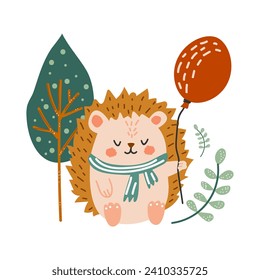 Cute hedgehog. Vector children's illustration with forest animal. Hedgehog with balloon. Postcard, print for clothes, printing. White isolated background. 