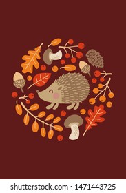 Cute hedgehog vector illustration. Forest animal and plant image. Autumn foliage. 