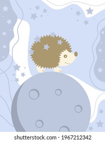 A cute hedgehog is walking on the moon and carrying stars.