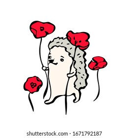 A cute hedgehog walks between tall red flowers. Vector illustration in cartoon style. Isolated on a white background.
