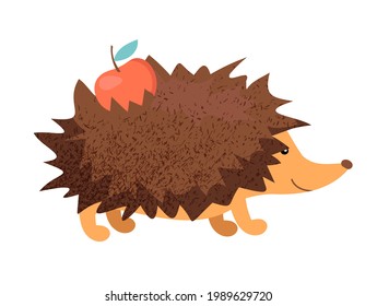 cute hedgehog in warm autumn colors with an apple on needles with a noisy shadow, isolated on a white background. children's illustration with a hedgehog. vector EPS