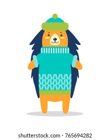 Cute hedgehog in warm hat and knitted winter sweater with pattern isolated vector illustration on white background. Christmas animal in clothes.