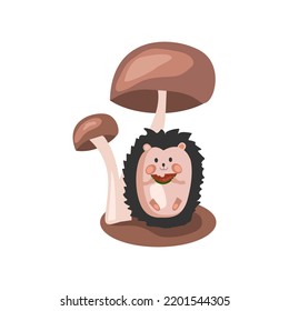 Cute hedgehog with watermelon. Vector illustration of  cartoon hedgehog sitting under mushrooms. Autumn illustration. White isolated background. The idea of a print for children's textiles, printing.