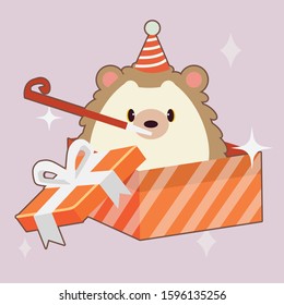 The cute hedgehog wear party hat and wind horn and sitting in the gift box in flat vector style. Illustration about new year party for content , banner, sticker label and greeting card.