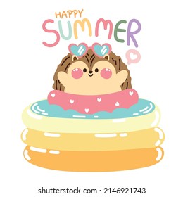 Cute Hedgehog Wear Swimming Ring In The Pool.Happy Summer Text.Animal Character Cartoon Design.Kawaii.Vector.Illustration.